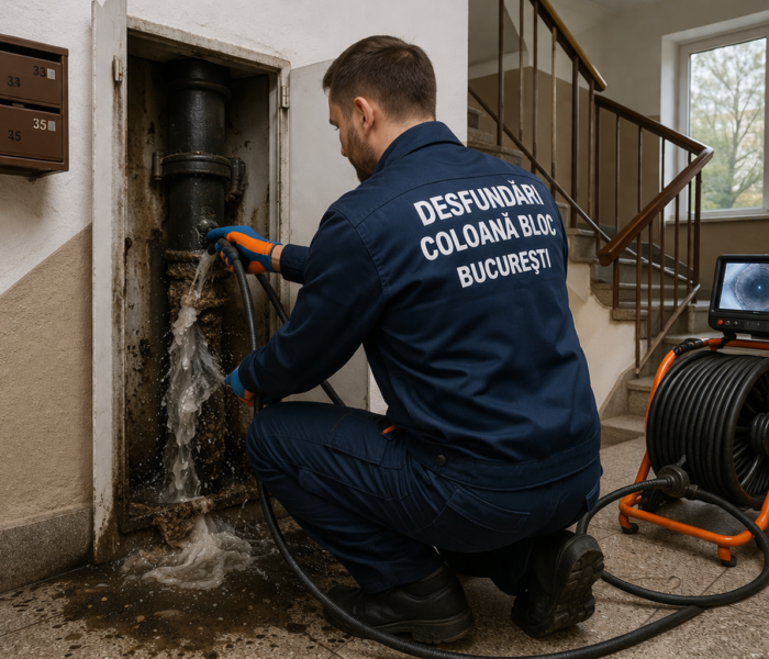 Desfundare coloană bloc București – instalator intervine cu echipament profesional pentru canalizare
