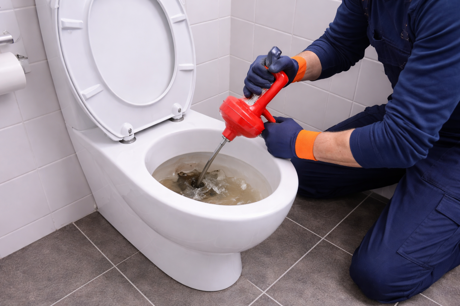 WC înfundat în București – instalator care desfundă toaleta cu echipament profesional